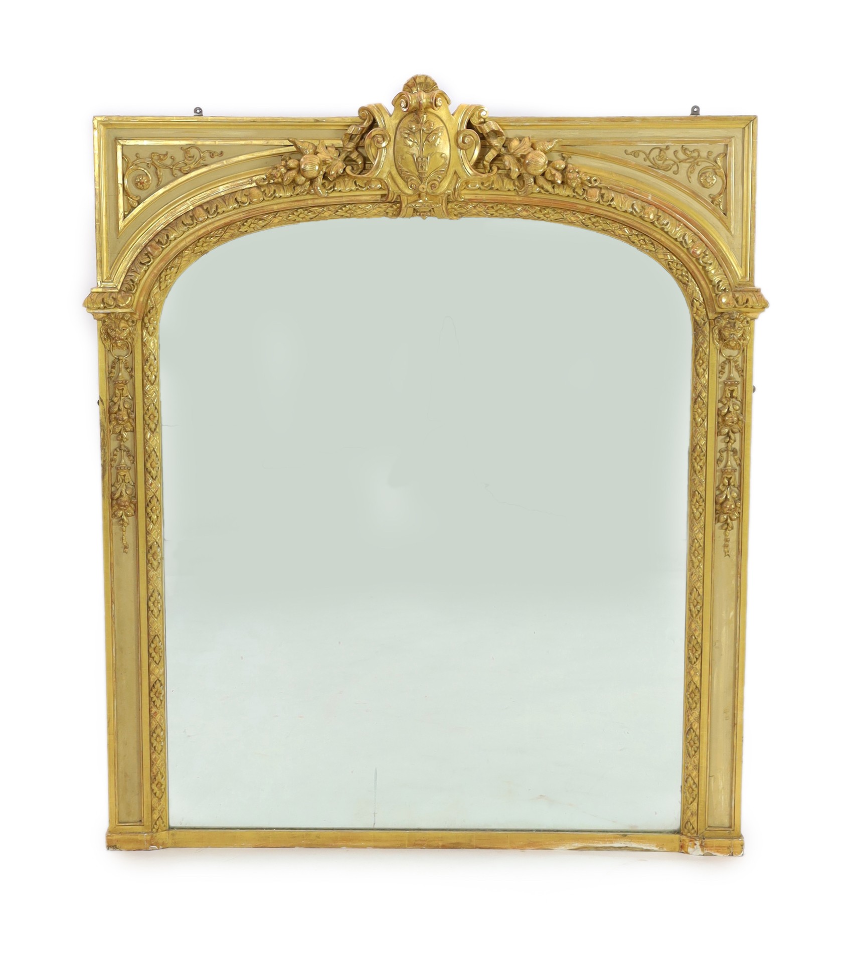 A late 19th century French carved giltwood wall mirror, W.146cm H.171cm